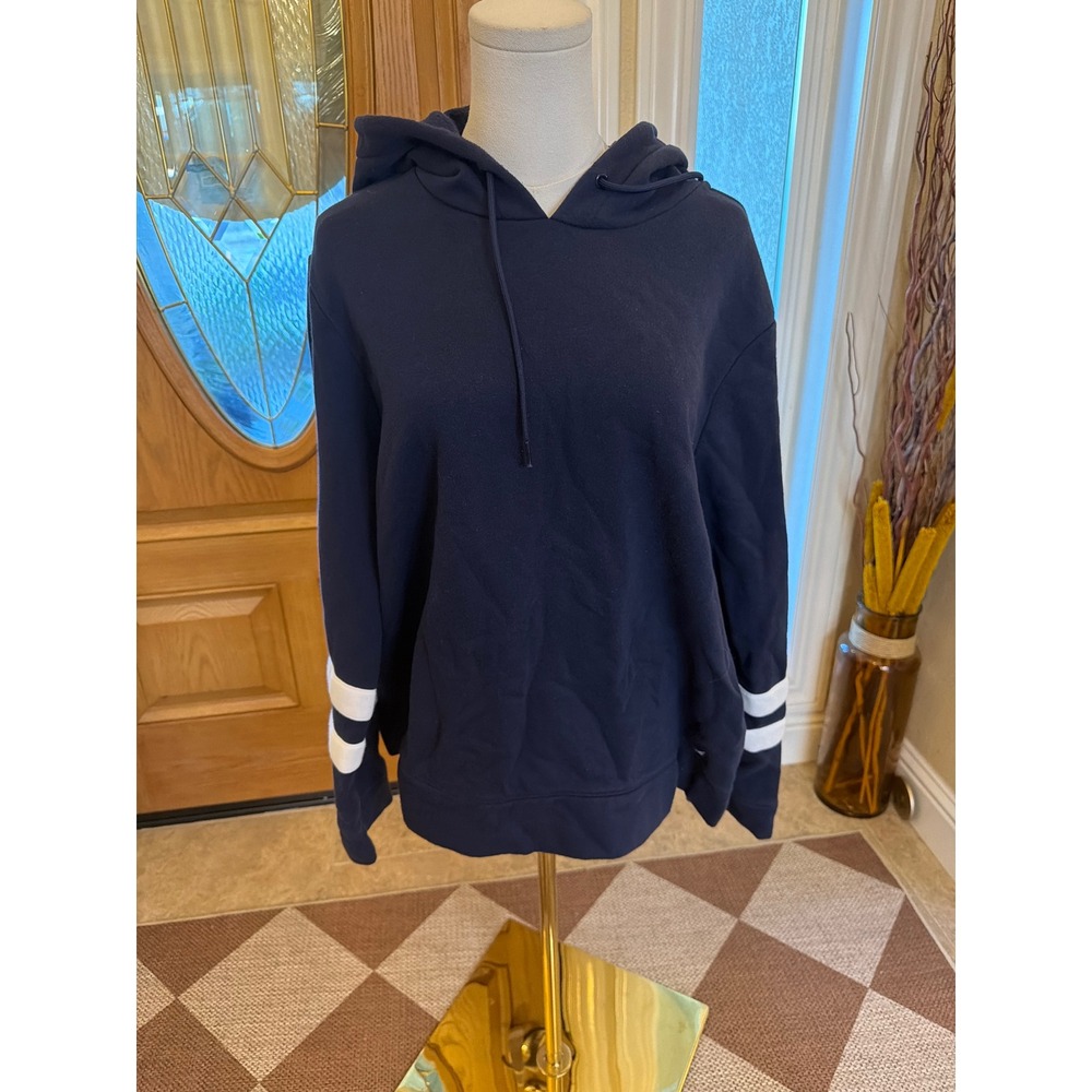 Nautica Mens XL Navy Blue Fleece Hoodie White Sleeve Stripes Pullover 1544476
